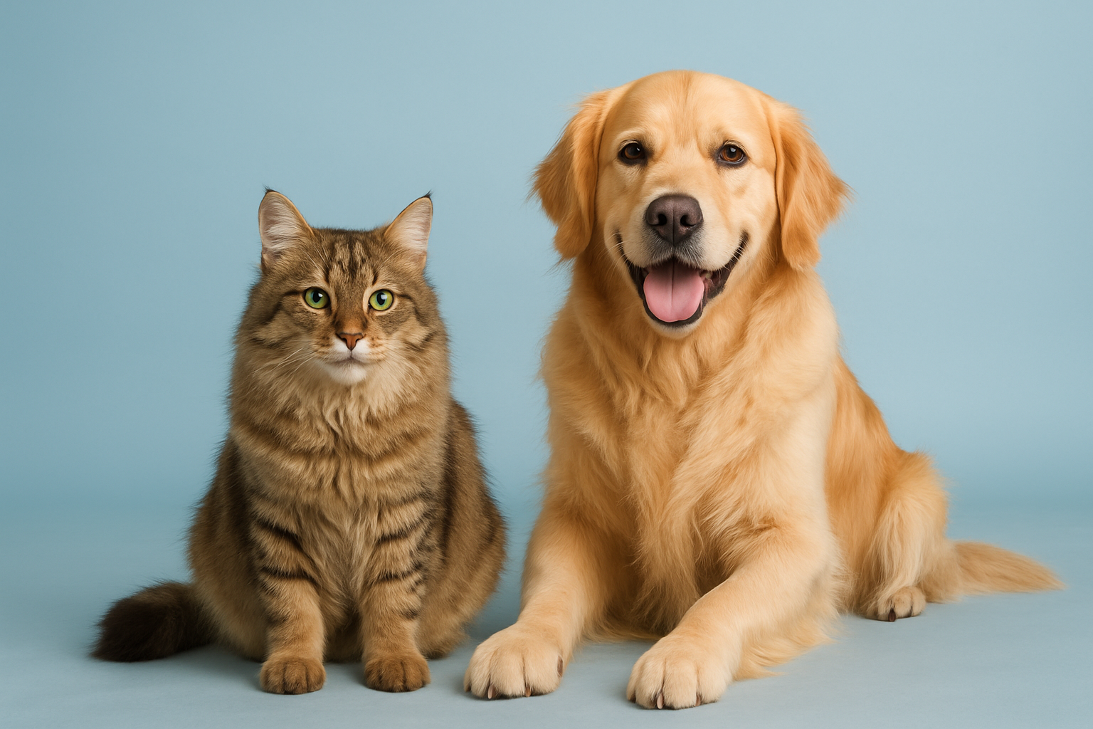 real cat and dog in big light blue background